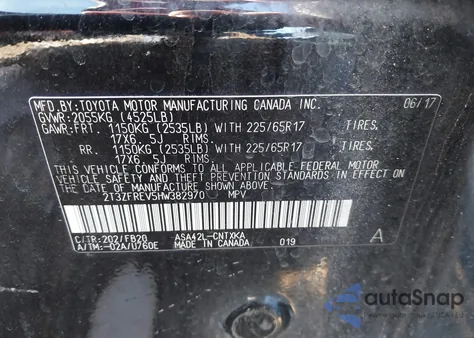 2017 Toyota Rav4 Le из США, поврежденный, VIN 2T3ZFREV5HW382970